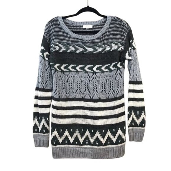 Sun & Shadow Size S Longline Open Knit Gray White Patterned Pullover Sweater - Picture 1 of 8